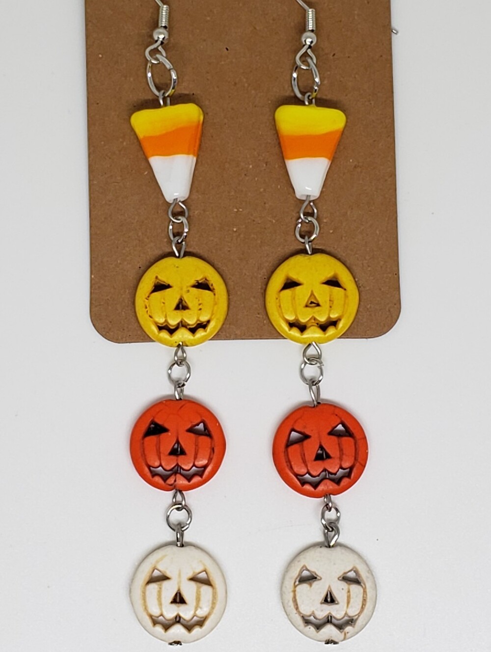 Handmade Orange Yellow White Beaded Halloween Candy Corn Pumpkin Dangle Earrings